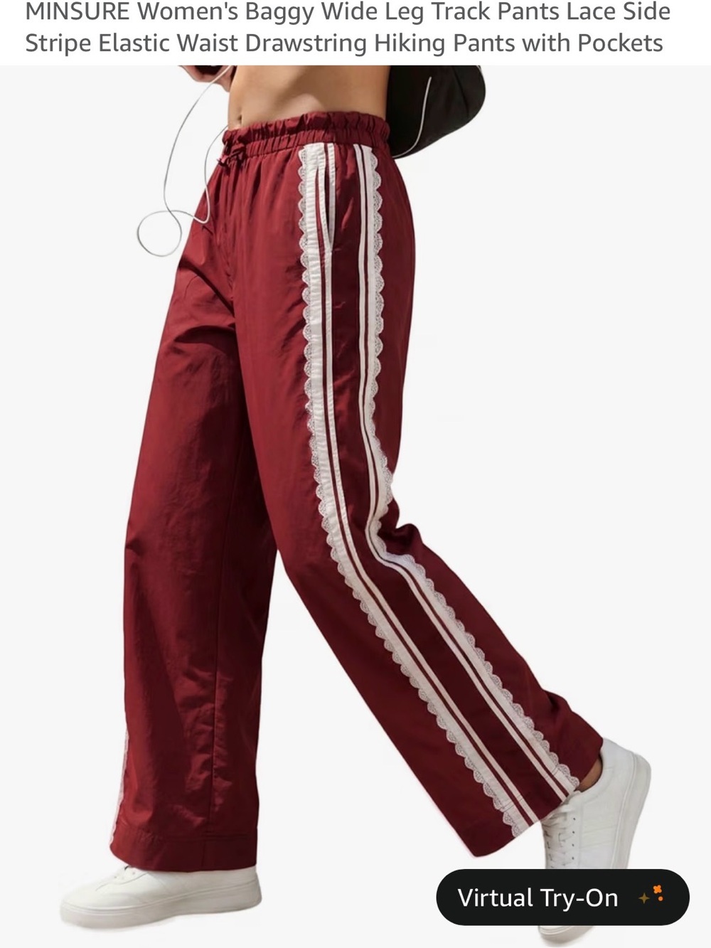 Women’s Red Wide Leg Track Pants with Lace Side Stripe